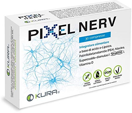 PIXEL NERV è un integratore alimentare a base di Acido Alfa-lipoico, PEA, SOD, vitamina B3, Vitamina D ad azione antiossidante e neuroprotettiva, Compresse