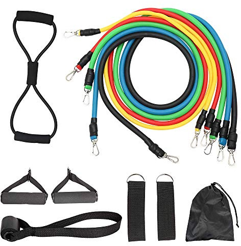 Lot de 11 bandes de résistance d'exercice, élastiques de fitness, avec tubes de fitness, poignées en mousse, sangles de cheville, ancrage de porte pour la maison, la salle de sport, pour homme et