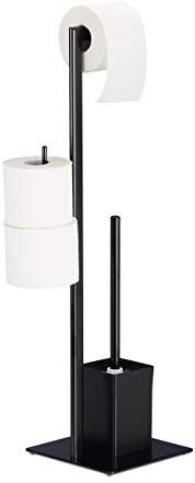 Relaxdays Set di Accessori per WC con Piantana Portarotolo, Porta Scopino, Autoportante, HxLxP: 72 x 25 x 20 cm, Nero