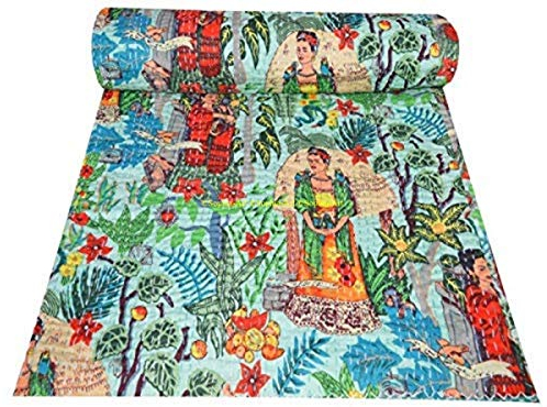 Sophia-Art Indischer König/Twin Handmade Frida Kahlo Bedruckte Baumwolle Kantha Gesteppte Decke Tagesdecke Kantha Work Bohemian Bed Decor Ethnische Überwurfdecke Quilt (Grün, 60 * 90 Zoll)