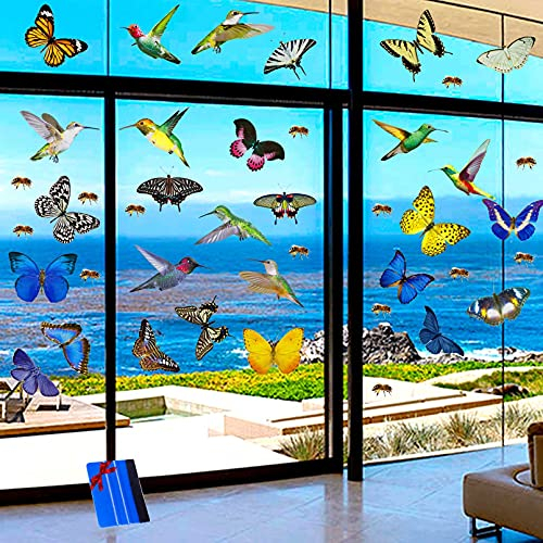 Fenstersticker Vögeln, Fensterbilder Anti-Kollision, Fensteraufkleber Schmetterlinge,Fenster Abziehbilder Statisch Selbstklebend, 49 Pcs Groß Größe Vogelschutz Aufkleber für Wintergärten, mit 1 Rakel