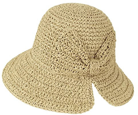 Schlapphut, Sonnenhut, faltbar, verstaubar, breite Krempe, Sommer, Strandhut, gehäkelter Fischerhut mit Schleife für Frauen (B Beige), Beige
