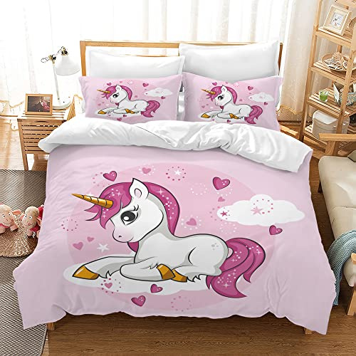 AVJWWD Einhorn Bettwäsche Set Kinder Mikrofaser Bettwäsche Cartoon Einhorn 3D Gedruckt Bettbezug 3 Teilig mit ReißVerschluss,Soft Mädchen Bettwaren (135x200cm, B)