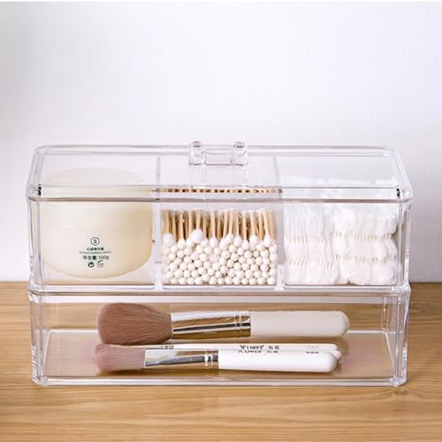 ROWNYEON Clear Acrylic Makeup Drawer Organiser Box,Stackable Cosmetic Organiser Set with Lid, Dresser Bathroom Storage Drawer Dividers Tray for Cabinet, Vanity,（3 Small 1 Big Compartments with Cover）
