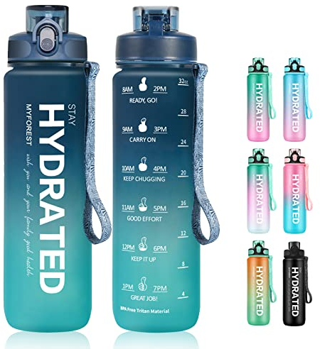 MYFOREST 1L Tritan Trinkflasche, großer Auslauf für großer Schluck/abnehmbarer für klein Trinken, Kratzfester Zeitmarker für motivierende Flüssigkeitszufuhr, sturzfest/BPA-frei Wasserflasche