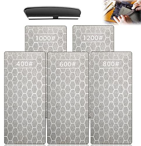 SAMSYOKI 5pcs Diamant Schleifstein Diamant Schärfsteine Set Messerschärfer Stein mit Winkel Wabenoberfläche Diamantschärferplatte für Messer Küchengeräte Außenbereich 400/600/800/1000/1200 Körnung