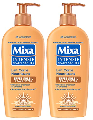 Mixa Intensif Peaux Sèches - Lait Corps Nourrissant Effet Soleil - Autobronzant - Hâle Doré Naturel Progressif et Uniforme - Peaux Mates - Hypoallergénique - Lot de 2, 250ml