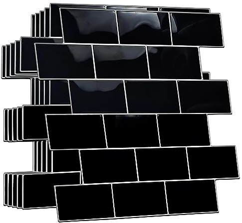 WALPLUS 60 PCS Black Metro Subway 3D Tile Stickers 30.5 x 15.4 cm, Peel and Stick Waterproof Self Adhesive Wall Tiles for Kitchen Bathroom Splashback