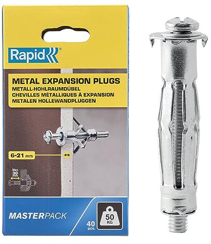 Rapid Confezione da 40 Tasselli ad Espansione in Metallo per Pareti Cave in Cartongesso e Truciolari dallo Spessore di 6 - 21 mm, Supportano fino ad un Carico di 50 Kg