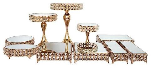 GZHERVICES Set di Alzate per Torte, Cristallo Metallo Display Stand Piedistallo con Specchio Rotondo Top Plate, Compleanno Dessert Decorazione Rack Dessert Hodler (Colore : Gold-10pc-C)