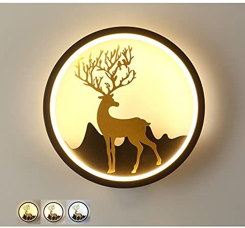 Applique da parete moderne a LED Lampada da parete rotonda nera Lampada da parete a forma di cervo creativo cablato 3 Temperature di colore 15W Lampada da parete per decorazioni artistiche Illuminazi