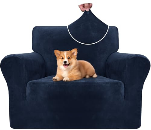 CYCMACO Samt Sofa Überzug 1 Sitzer, Sesselhusse Elastische, Couch Überzug Haustier Katze Hunde, Universal Sofa Cover Moderne, Sofahusse Mit Armlehnen, Sofaschoner rutschfest, Dunkel Blau
