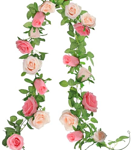 GREENTIME 2Pack 6.5FT Mixed Pink Artificial Rose Garland Fake Rose Vines