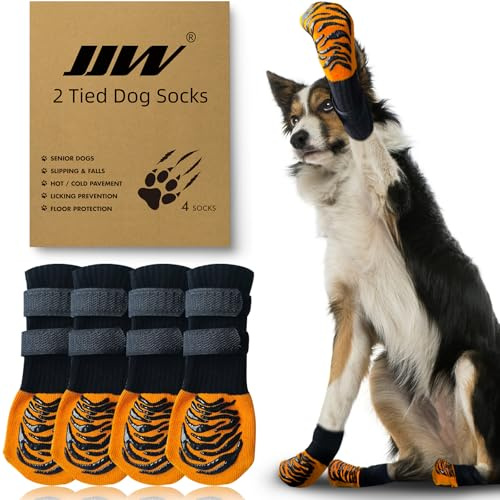 JJW Anti-Rutsch-Hundesocken mit 2 Verstellbaren Riemen, Hochwertige Anti-Rutsch-Hundesocken für Hartholzböden, Verhindert Pfotenverbrennungen, Ideal für Hund Paw Schutz (Orange, S)