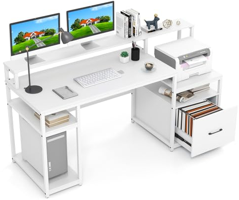GIANTEX Computertisch, 168 cm, Bürotisch mit Monitorhalterung, Druckerregal, Aktenschublade, moderner Arbeitstisch für Studio, Weiß