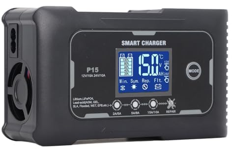 Chargeur de Batterie de Voiture 12 V 15 A/24 V 10 A, Chargeur de Batterie de Réparation Portable Automatique pour Moto Camion Tondeuse à Gazon 100-240 V (Prise UE)