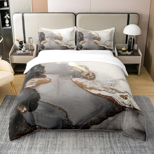 Homemissing Noir Blanc Marble Housse de Couette Modernité Marble Aesthetic Housse de Couette 240x260cm 100% Coton WaterCouleur Artwork Création Literie l'or Résumé Marble Parure de lit 3 pièces