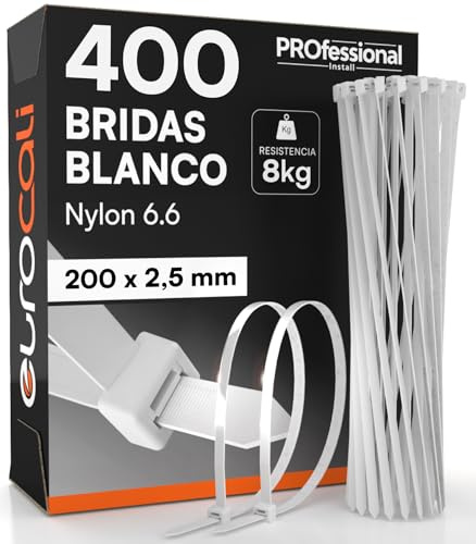 400 Bridas de Plastico 200mm Blancas Pequenas para Exterior - Abrazaderas en Nailon 6,6 Autobloqueantes Sujeción de 8Kg con Dientes Antideslizantes Resistentes Fuego y Hielo - 200x2,5mm