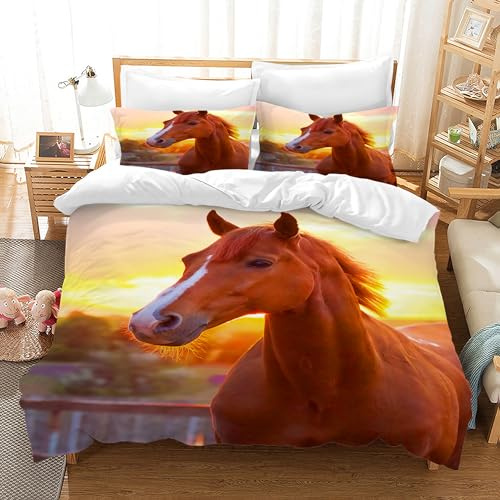 AVJWWD Set di biancheria da letto per cavalli con stampa 3D, in morbida microfibra, con motivo cavalli, con chiusura lampo e federa, per bambini, ragazzi e ragazzi (marrone, 220 x 240 cm)