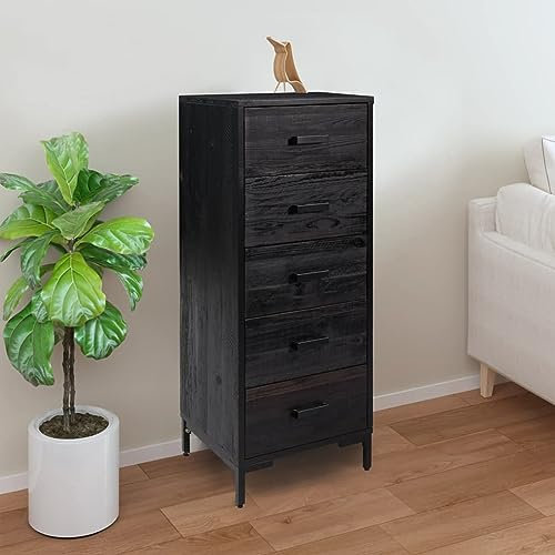 Iiaky Kommode Schwarz 42x35x110 cm Schubladenschrank Beistellschrank Kommoden Schubladenkommode Massivholz Kiefer Recycelt