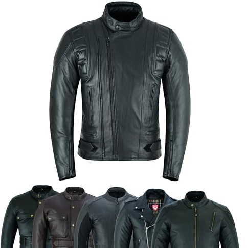 warrior gears Giacca da moto da uomo pelle bovina con protezioni CE. | Protezioni CE rimovibili su spalle, gomiti e schiena, cerniere YKK, fodera removibile, pelle pieno fiore.