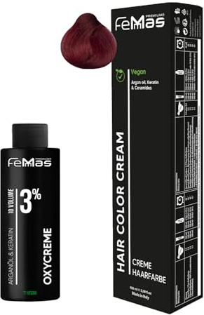 Femmas Haarfarbe Set Red I Hair Color Cream 100ml + Oxycreme 100ml 3% I Permanente Haar-Coloration + Entwickler I Schonend & langanhaltend I Salon-Haarfarbe für Zuhause
