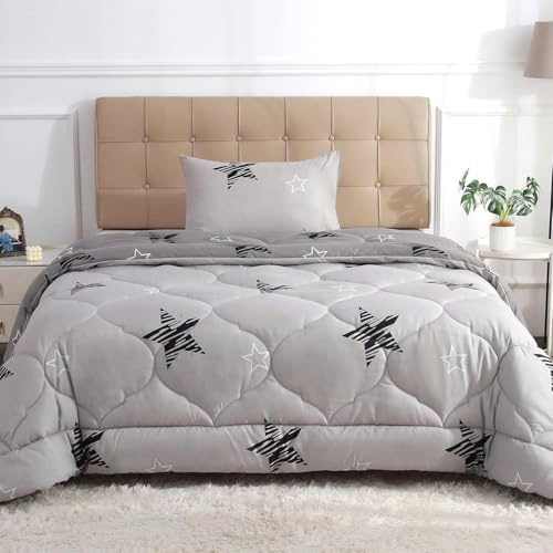 Bettdecke 200x220 Ohne Bezug Nutzbar, Sterngrauer Druck Bettdecken Waschbar Ganzjahresdecke Retro Stil 4 Jahreszeiten Steppdecke, Bettzeug Microfaser mit 2 Kissenbezug für Sommer Winter Doppelbett