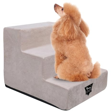 SPOCADO Albion Haustiertreppe | 3-stufige Hundetreppe mit Plüschbezug | Katzentreppe für Sofa, Bett & Auto | Abnehmbarer, waschbarer Bezug | bis 50kg belastbar (Beige, 34 x 38 x 46 cm, 3)