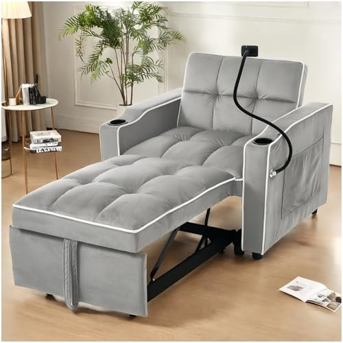 Lubvtti Sofá Cama Individual Extensible con portavasos y Soporte para teléfono móvil,sofá Individual 83x167x76 cm,sofá Cama Chaise Longue,sillón Relax,sillones Individuales,sofá 1 Plaza,Gris Claro