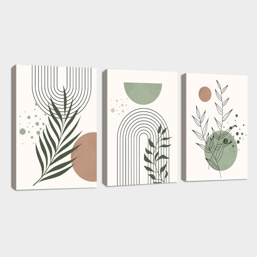 3 st boho växt canvasbilder bilder set med ram, estetik grön botaniska geometriska väggmålningar sovrum bild på duk konsttryck dekoration för vardagsrum redo att hängas upp 30 x 40 cm x 3