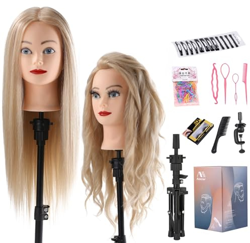 Hairdressing Head with Practice Head Stand 70% Real Hair Styling Head | Doll Head for Hairdressing Training Heads for Hairdressers Training Head with Table Clamp, DIY Hair Braiding Set (Blonde)