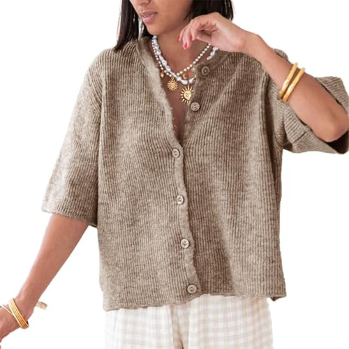 Geagodelia Damen Kurzarm Strickjacke Dünn Strick Cropped Cardigan Pullover Elegante Strickpullover Strickweste Knitted Top Pulli Y2k Sweater Frühling Sommer (A - Khaki, M)