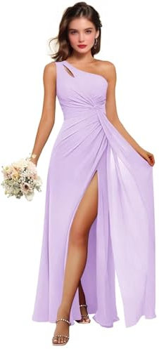 Vestido de dama de honor con un hombro descubierto, de gasa, acampanado, fruncido, con abertura, vestido largo formal para invitada de boda, vestido de noche para mujer, Lila, 34