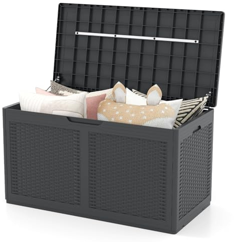 COSTWAY 380 L Gartenbox mit Rollen, Auflagenbox wasserdicht inkl. Deckel, Aufbewahrungsbox Gartentruhe mit Rattanstruktur für Poolzubehör, Gartengeräte & Balkon (Grau)