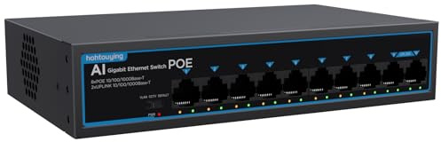 hohtouying 8 Port Gigabit PoE Switch with 2 Gigabit Uplink, 1000Mbps, 802.3af/at, 120W Built-in Power, Vlan, Unmanaged Metal Plug and Play,Ideal for NVR and Power Over Ethernet IP Cameras