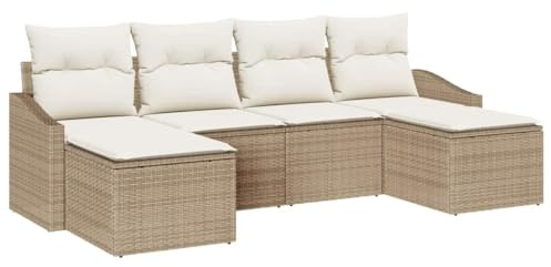 vidaXL 6-teiliges Garten-Esszimmer-Set mit Kissen in Beige aus Poly Rattan – Bequeme und wetterfeste Lounge-Sofa für draußen, perfekt für Balkon und Terrasse.