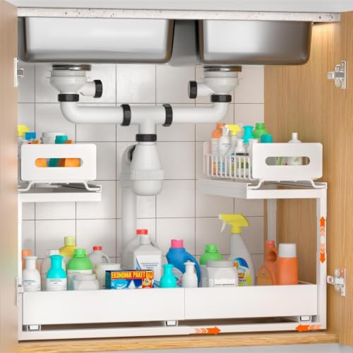 BLYLUND Organizador de armario para debajo del fregadero, 2 animales, organizador de armario extensible con cajones extraíbles, altura ajustable, estante inferior para lavavajillas, armario para