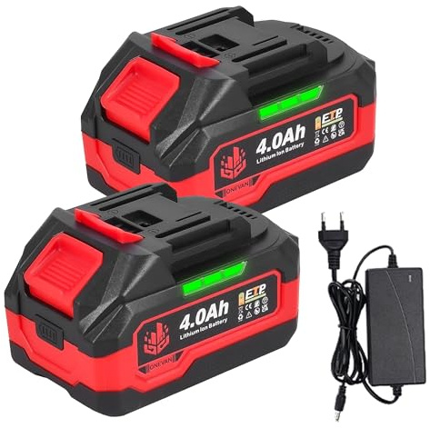 ONEVAN 20 V baterías, 2 baterías de Litio de 4000 mAh con Cargador rápido de 1,2 A, protección de Seguridad quíntuple, indicador de batería, batería de Repuesto para Herramientas ONEVAN de 20 V