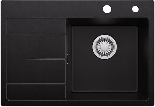 CECIPA Spüle mit Abtropffläche 65 x 45 cm, Spülbecken Schwarz aus Granit | CECIPA Spülbecken Schwarz, Spüle Küche mit Abtropffläche, Küchenspüle, Waschbecken Küche Einbauspüle aus Granit