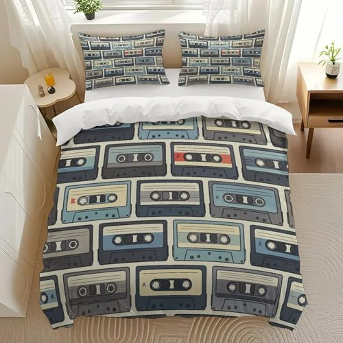 Kjdfhk Retro Cassette Pattern Bedding Comforter Sets Bedding Set 3 Pieces (1 Duvet Cover 2 Pillowcases) with Zipper Closure Lightweight