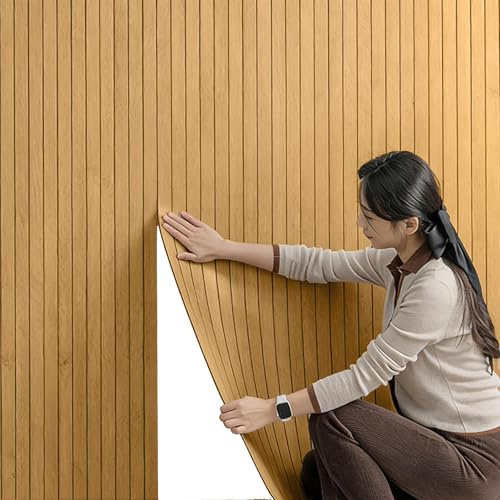 YushengTai Panneaux muraux auto-adhésifs, décoration extérieure en bois, panneau 3D, panneau mural insonorisant, plaque murale en treillis en bois, 40 x 300 cm (grain de bois)