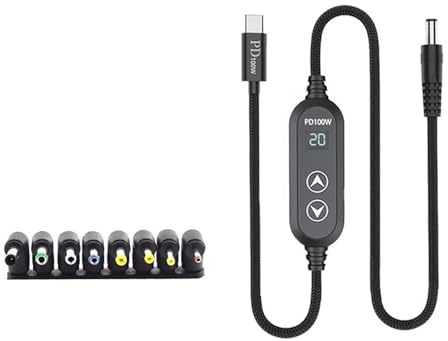 Fuente de alimentación tipo C a CC de 5,5 mm, capacidad de 100 W, 5 selección de potencia, 5-20 V, variable a través de gestión integrada, 8 adaptadores, carga de laptop con tipo C