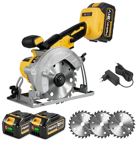 Sega circolare a batteria MELLWIN da 5 pollici, senza spazzole, 6800 giri/min con 2 batterie da 4000 mAh, profondità di taglio a tuffo 45 mm, angolo di taglio 0-45°, 21 V, 3 lame da 16 denti (125 mm))