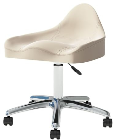FXLUHAY Sattelhocker mit Rückenlehne, drehbarer Friseurstuhl, Sattelstuhl mit Rollen, 360°-Drehung for Zuhause, Badezimmer, Büro(White)