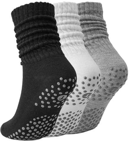 KASLCWA 3 Pairs Pilates Socks, Pilates Socks with Grips for women and men, Non Slip Yoga Sock for Yoga, Barre, Dance, Ballet, Fitness(Black, White, Grey)