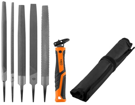 NEO TOOLS Profi Feilenhalter Set 5+1, Universal-System mit Schnellkupplung | Ergonomischer 2K-Griff, Für Kanten- & Oberflächenbearbeitung, Inkl. 5 Feilen & Tasche