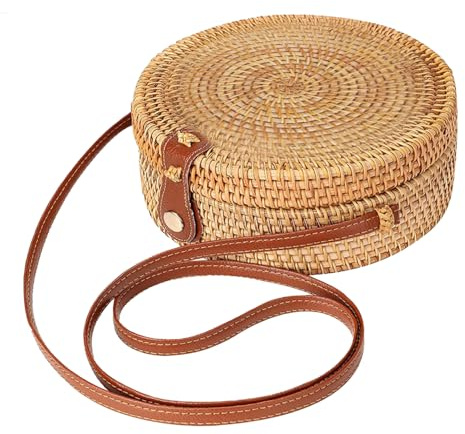 CAKEEYUM Rattan-Umhängetasche für Damen, runde Rattan-Tasche, runde gewebte Schultertasche mit Lederriemen und Schnalle, modischer Sommerstrand für Damen, Reise-Crossbody, gewebte Schultertasche