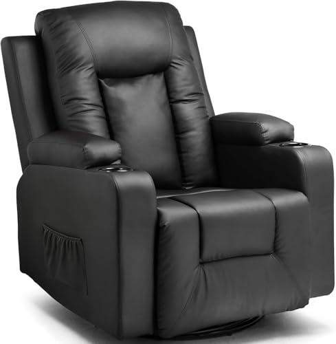 LUCKRACER Relaxsessel Fernsehsessel mit Liegefunktion und Fußstütze, 360°Drehbarer TV Sessel Wohnzimmer, Schaukelstuhl mit Getränkehaltern und 2 Seitentaschen PU-Leder Schwarz