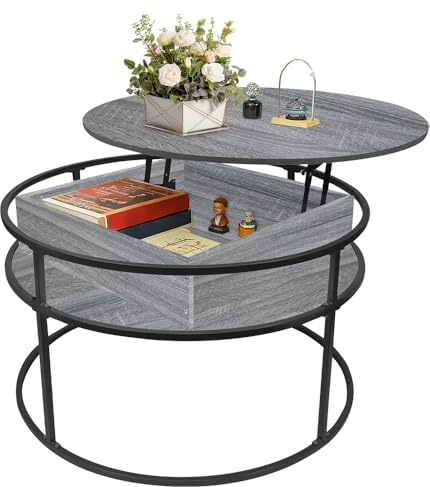 Kedia Couchtisch Höhenverstellbar, Couchtisch Holz mit Stauraum, Wohnzimmertisch Höhenverstellbar, Tisch Wohnzimmer, Kaffeetisch, Teetisch, Esstisch (Dunkelgrau + Schwarz-60 * 60 * 47cm)