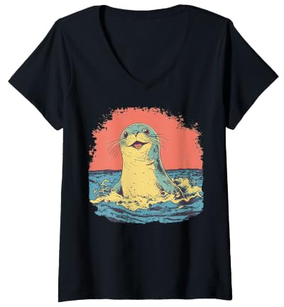 Women's Happy Seal Surfing Waves Vintage Ocean Life Graphic V-Neck T-Shirt